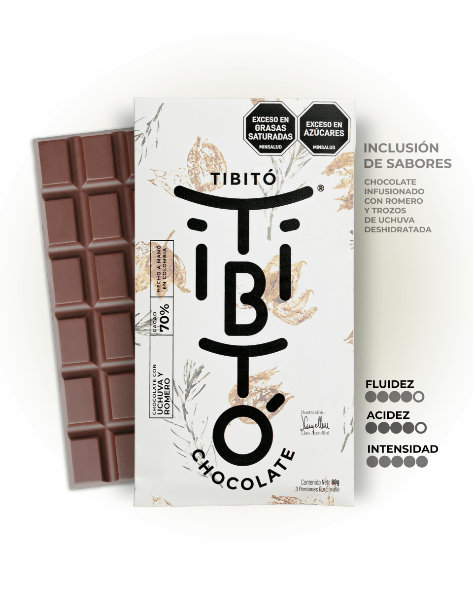Chocolate oscuro 70 % cacao con uchuva y romero - Tibitó